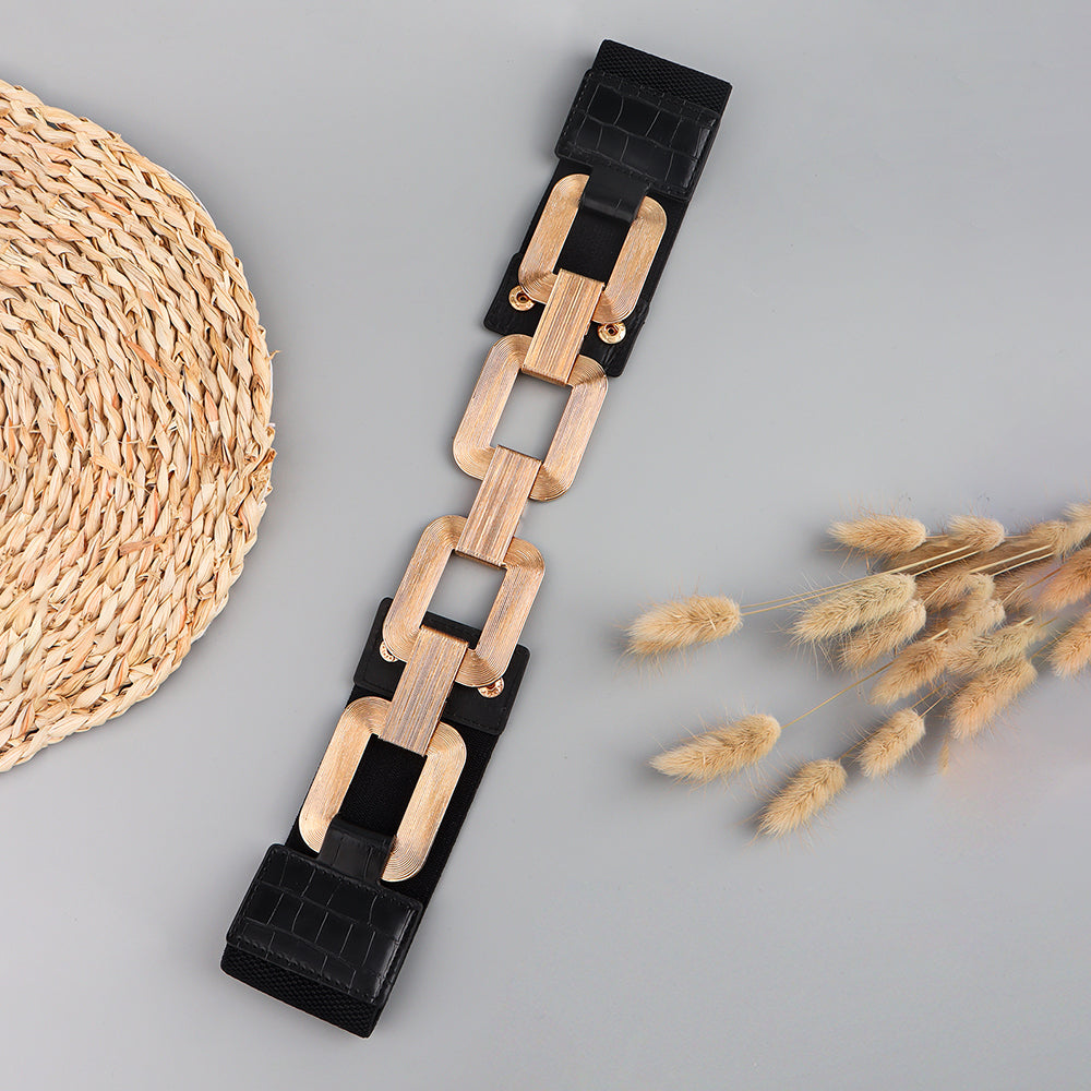The New Women's Gold Black Wide Belt Decoration Fashion Elastic Metal 
 Product information:
 
 Style:all-match fashion
 
 Material
 :
 Alloy
 


 Treatment process: electroplating
 
 Details&amp;Type:chain   Elastic stretch 


 Produc