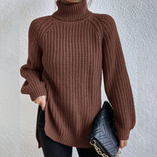 Turtleneck pullover sweater for women with split hem and thick mid-length knit