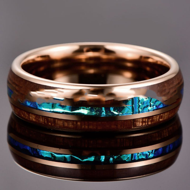 Rose Gold Inlaid Acacia Wood Opal Dome Tungsten Steel Ring