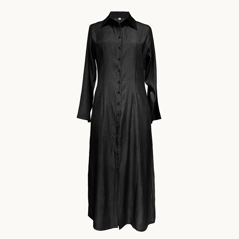 Women's Casual Denim Maxi Dress – Long Sleeve Button-Down Jean Dress with Pockets