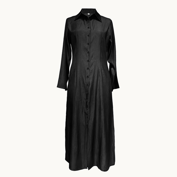 Women's Casual Denim Maxi Dress – Long Sleeve Button-Down Jean Dress with Pockets