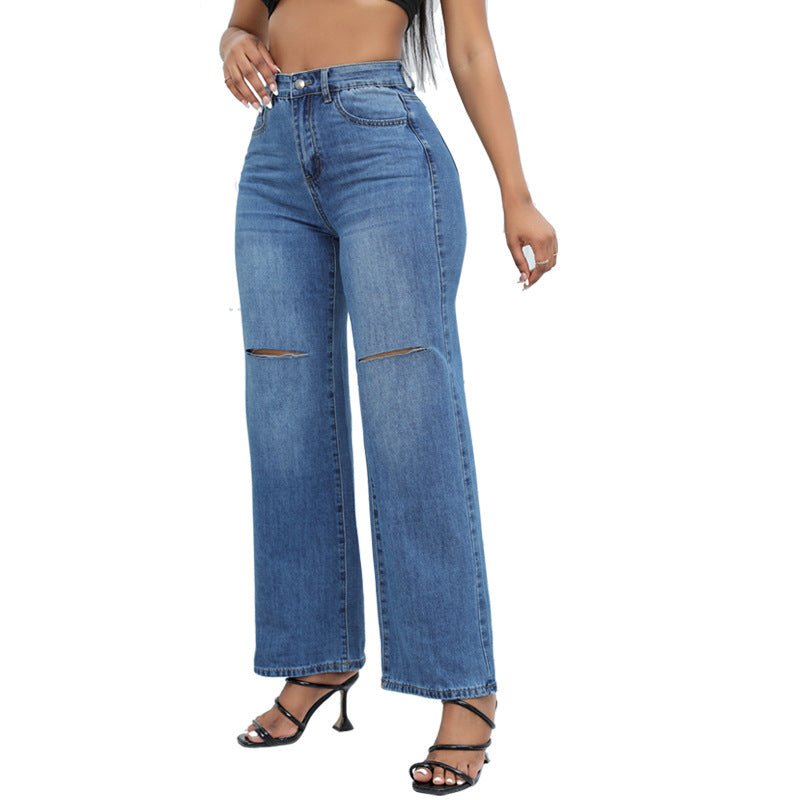 Elegant Ripped Wide - leg Jeans Women - Glow Goddess