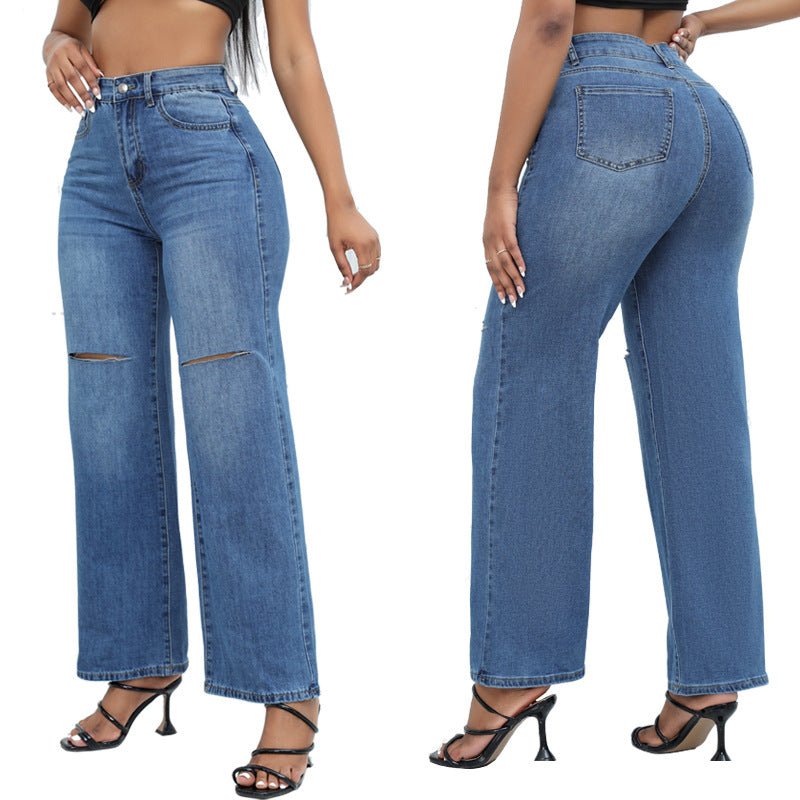 Elegant Ripped Wide - leg Jeans Women - Glow Goddess
