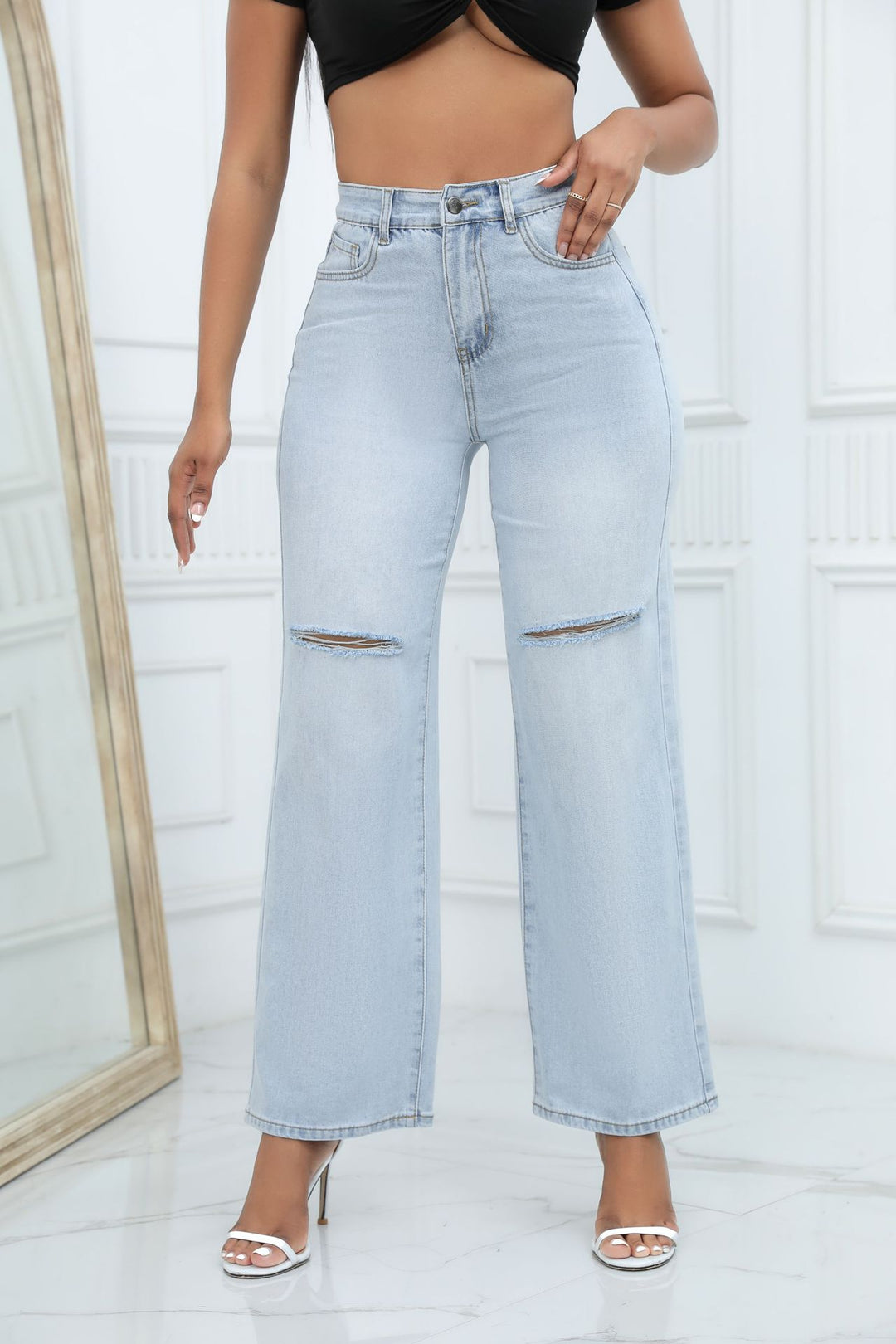 Elegant Ripped Wide - leg Jeans Women - Glow Goddess