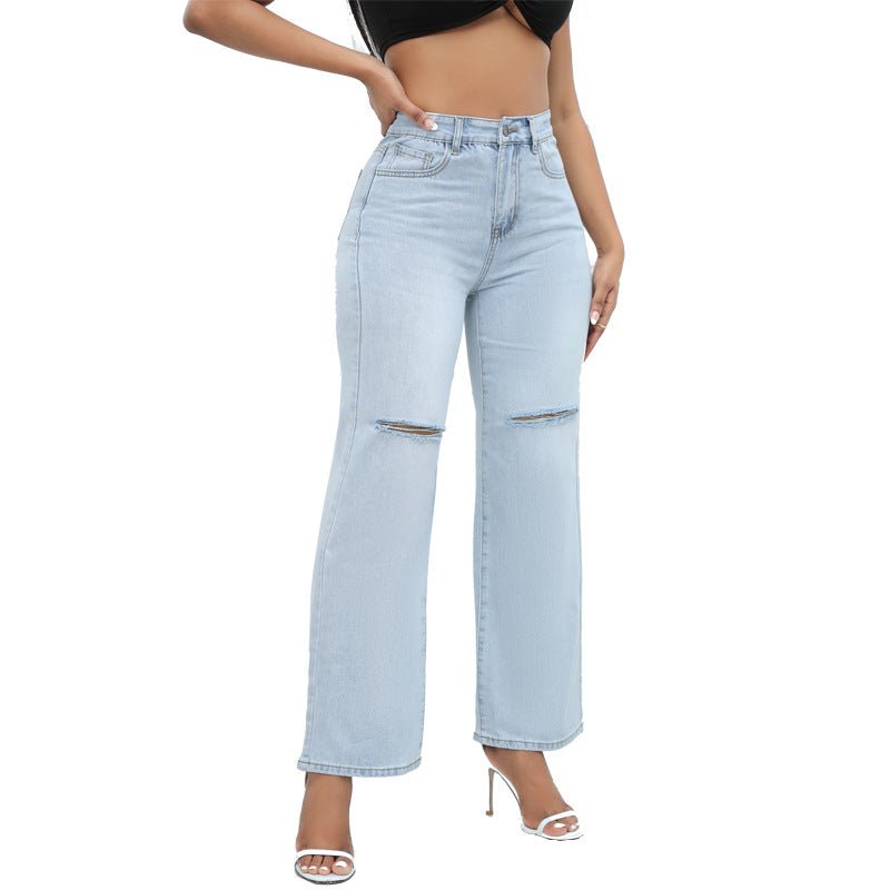 Elegant Ripped Wide - leg Jeans Women - Glow Goddess