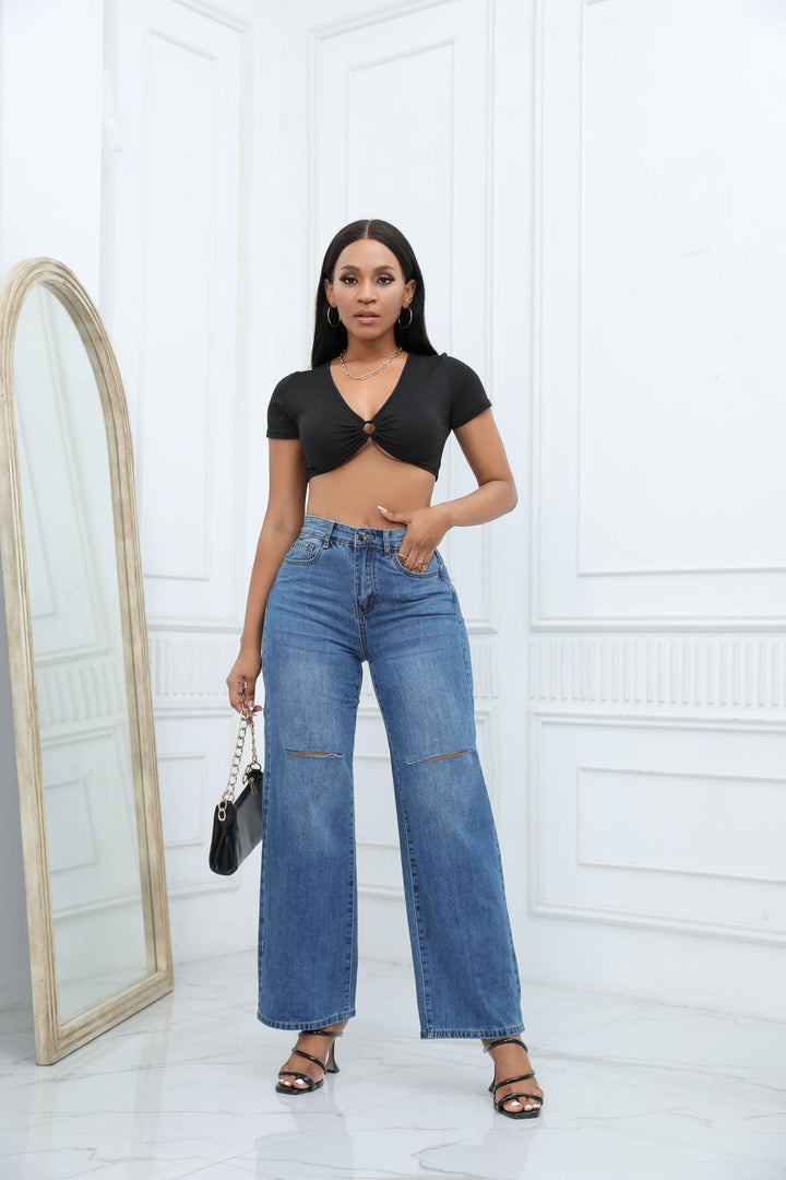 Elegant Ripped Wide - leg Jeans Women - Glow Goddess