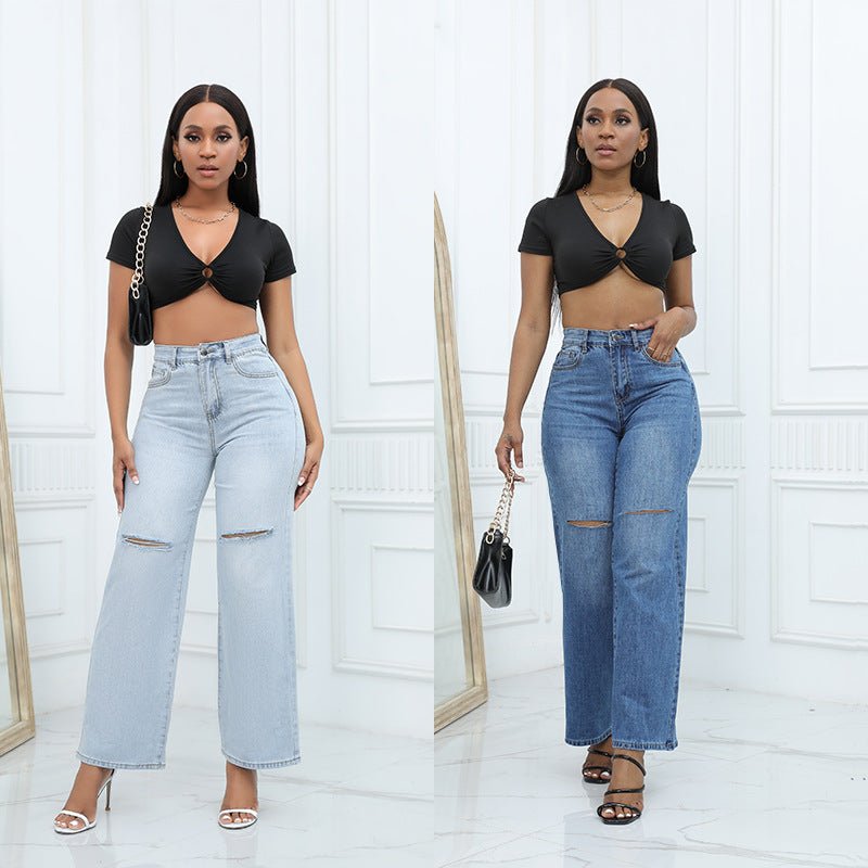Elegant Ripped Wide - leg Jeans Women - Glow Goddess
