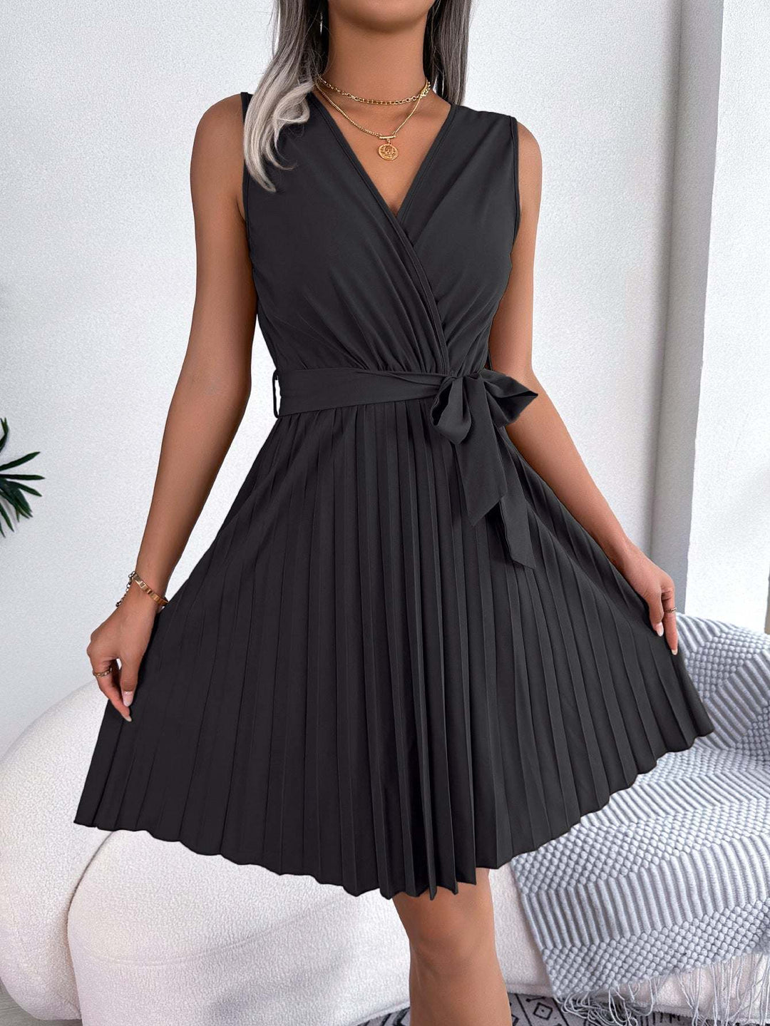 Elegant V - Neck Sleeveless Pleated Dress with Gathered Waist – Flowy Summer Midi Dress for Women - Glow Goddess