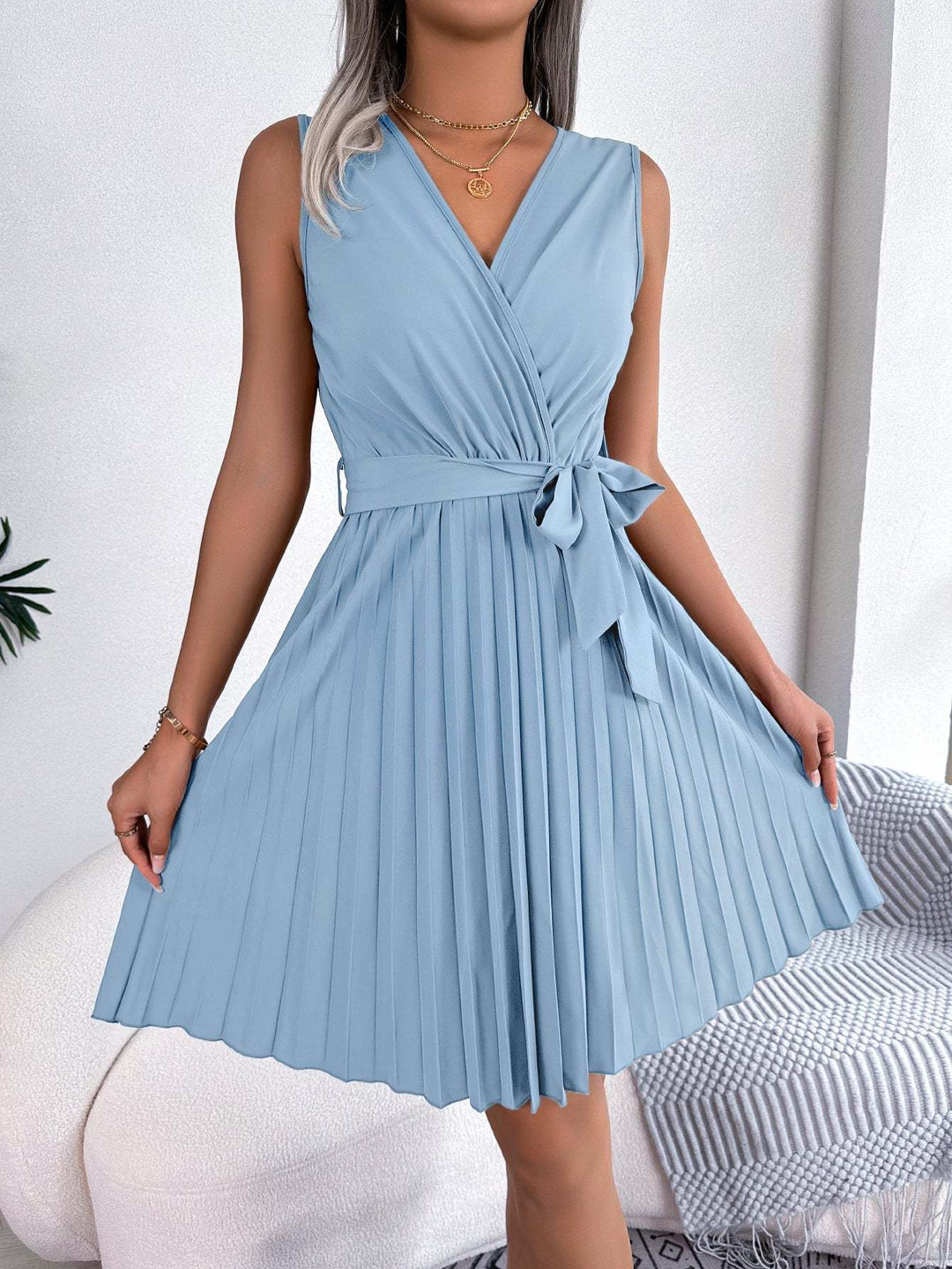 Elegant V - Neck Sleeveless Pleated Dress with Gathered Waist – Flowy Summer Midi Dress for Women - Glow Goddess