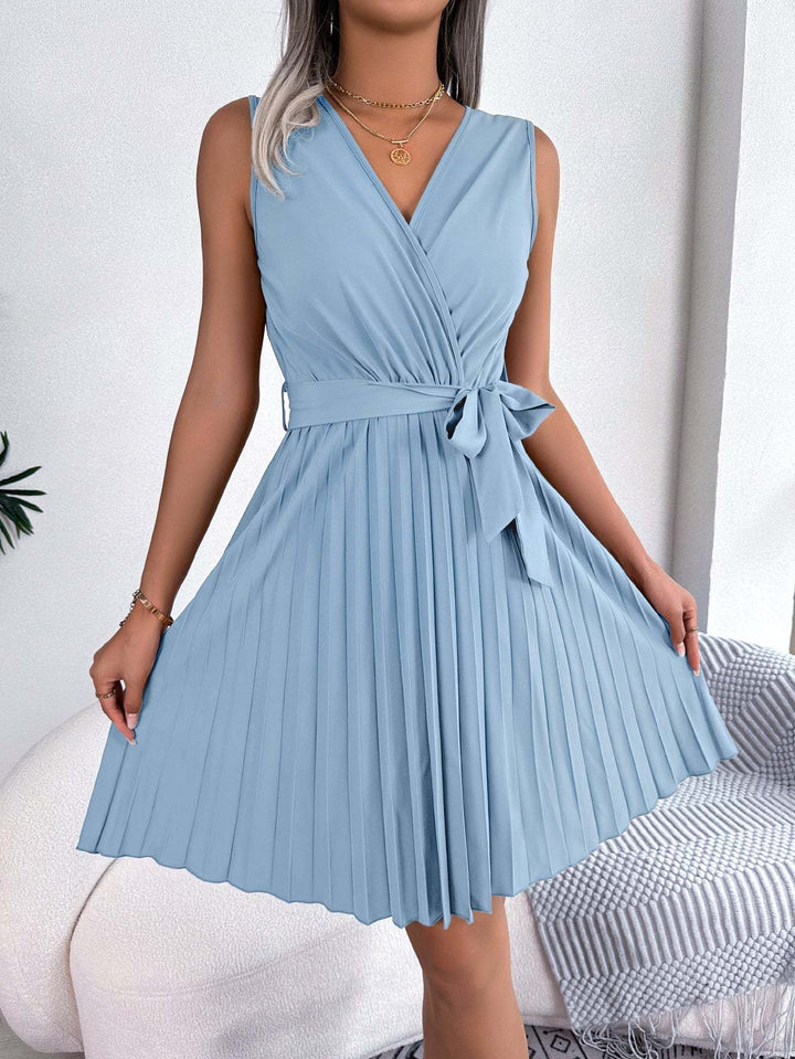 Elegant V - Neck Sleeveless Pleated Dress with Gathered Waist – Flowy Summer Midi Dress for Women - Glow Goddess
