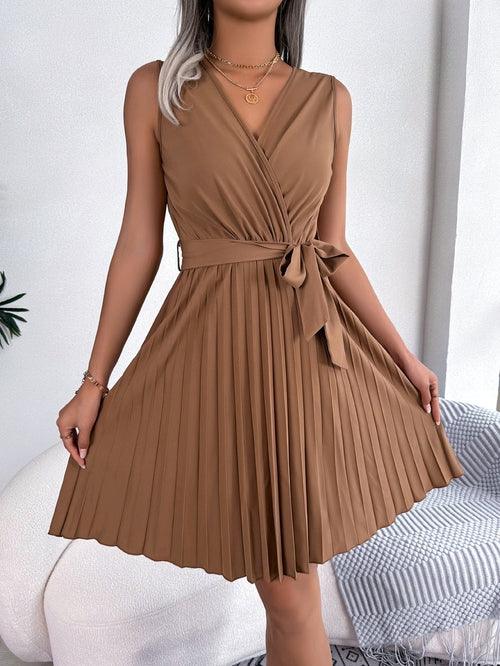 Elegant V - Neck Sleeveless Pleated Dress with Gathered Waist – Flowy Summer Midi Dress for Women - Glow Goddess