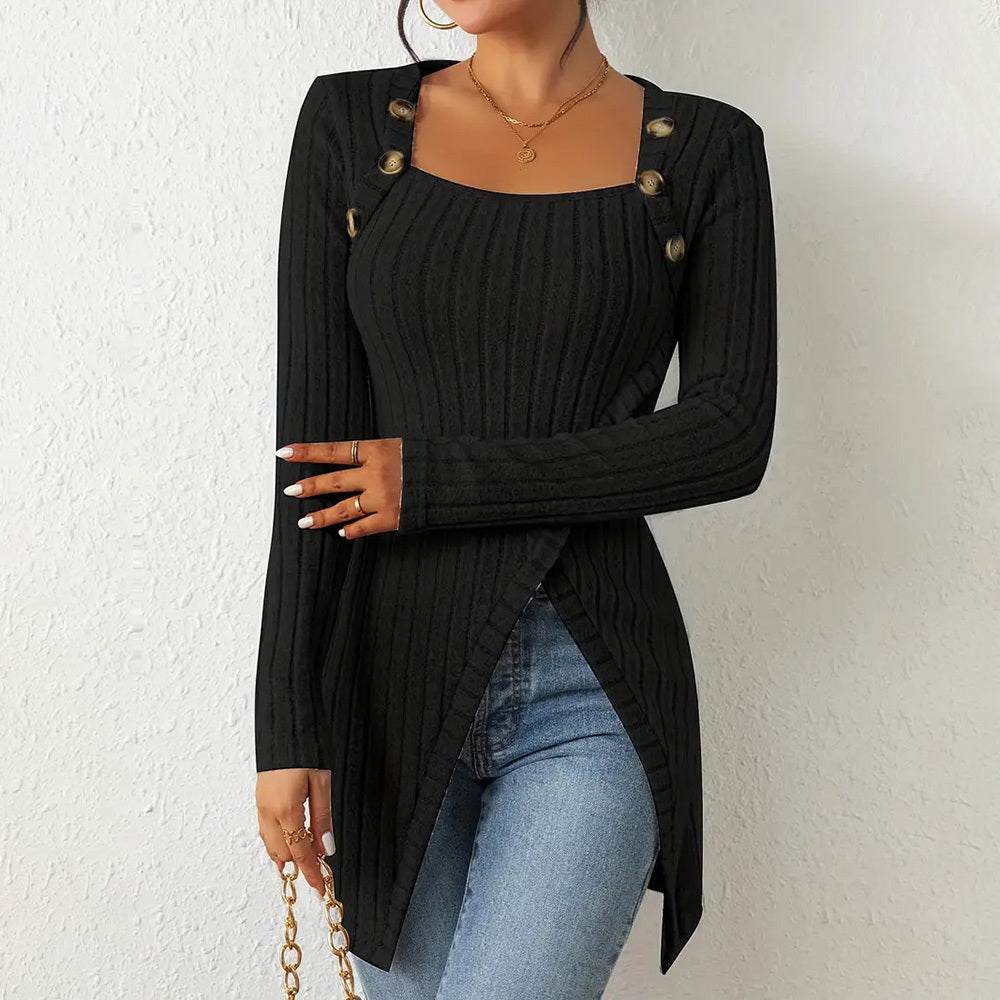 Elegant Women's Solid Color Slim - Fit Long Sleeve Top - Square Neck & Button Detail With Asymmetric Hem, Casual Fall&Spring Blouse - Glow Goddess