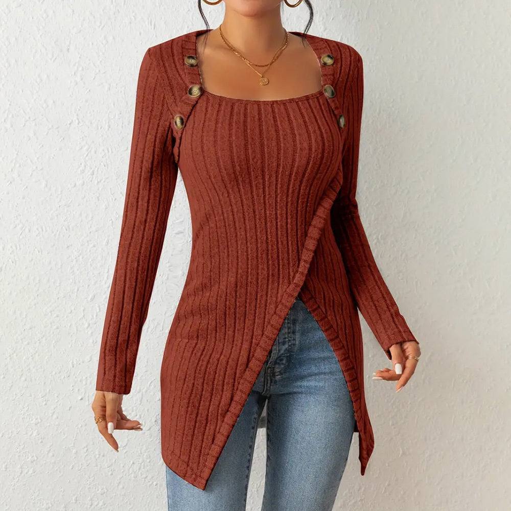 Elegant Women's Solid Color Slim - Fit Long Sleeve Top - Square Neck & Button Detail With Asymmetric Hem, Casual Fall&Spring Blouse - Glow Goddess