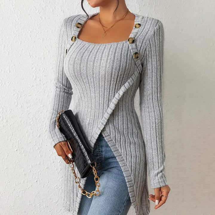 Elegant Women's Solid Color Slim - Fit Long Sleeve Top - Square Neck & Button Detail With Asymmetric Hem, Casual Fall&Spring Blouse - Glow Goddess