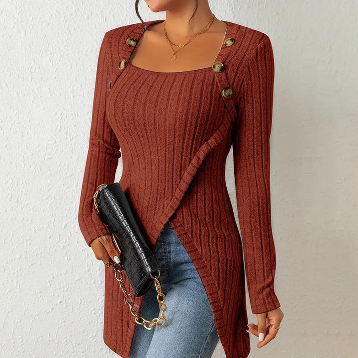 Elegant Women's Solid Color Slim - Fit Long Sleeve Top - Square Neck & Button Detail With Asymmetric Hem, Casual Fall&Spring Blouse - Glow Goddess