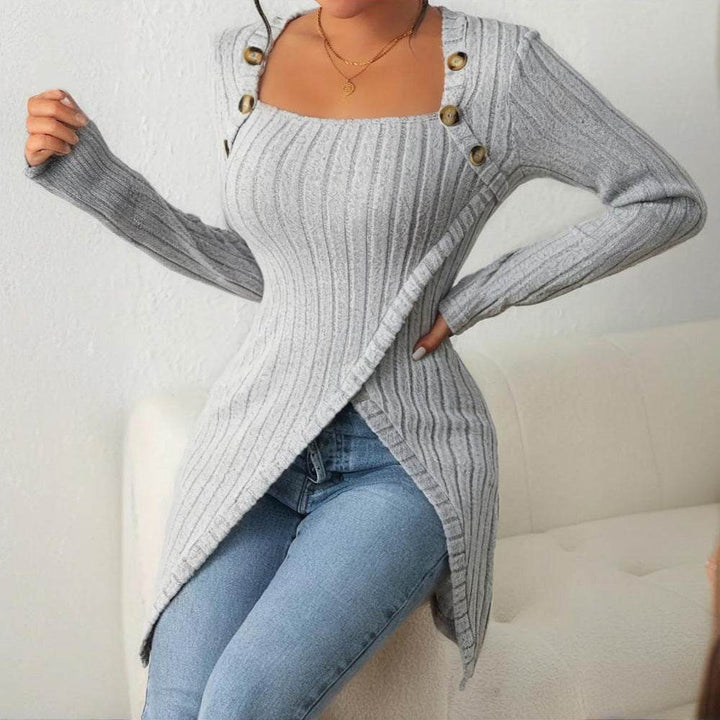 Elegant Women's Solid Color Slim - Fit Long Sleeve Top - Square Neck & Button Detail With Asymmetric Hem, Casual Fall&Spring Blouse - Glow Goddess