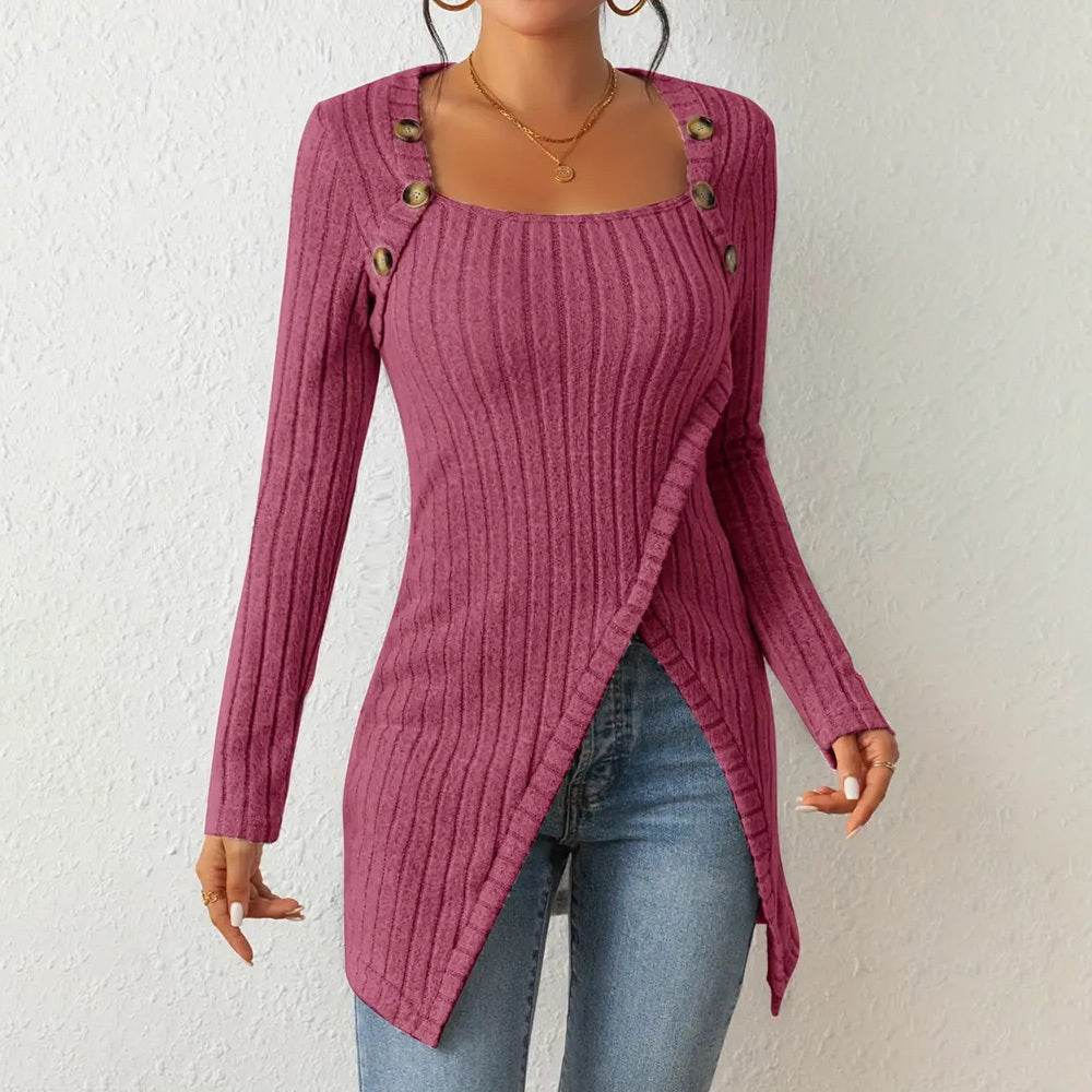 Elegant Women's Solid Color Slim - Fit Long Sleeve Top - Square Neck & Button Detail With Asymmetric Hem, Casual Fall&Spring Blouse - Glow Goddess