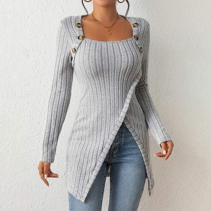 Elegant Women's Solid Color Slim - Fit Long Sleeve Top - Square Neck & Button Detail With Asymmetric Hem, Casual Fall&Spring Blouse - Glow Goddess