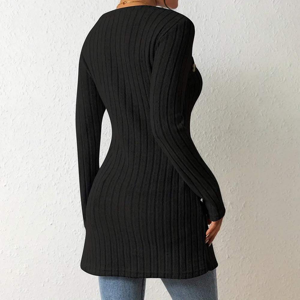 Elegant Women's Solid Color Slim - Fit Long Sleeve Top - Square Neck & Button Detail With Asymmetric Hem, Casual Fall&Spring Blouse - Glow Goddess