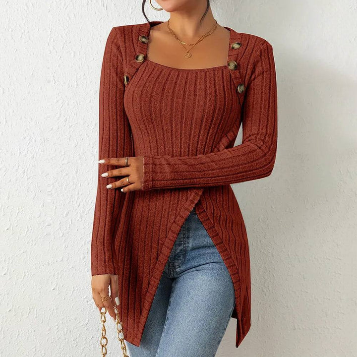 Elegant Women's Solid Color Slim - Fit Long Sleeve Top - Square Neck & Button Detail With Asymmetric Hem, Casual Fall&Spring Blouse - Glow Goddess