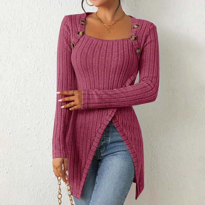 Elegant Women's Solid Color Slim - Fit Long Sleeve Top - Square Neck & Button Detail With Asymmetric Hem, Casual Fall&Spring Blouse - Glow Goddess