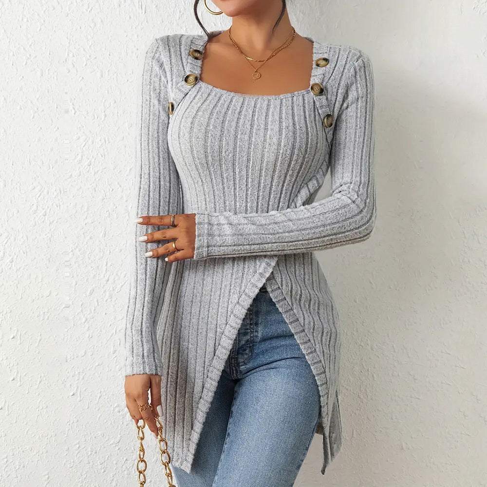 Elegant Women's Solid Color Slim - Fit Long Sleeve Top - Square Neck & Button Detail With Asymmetric Hem, Casual Fall&Spring Blouse - Glow Goddess