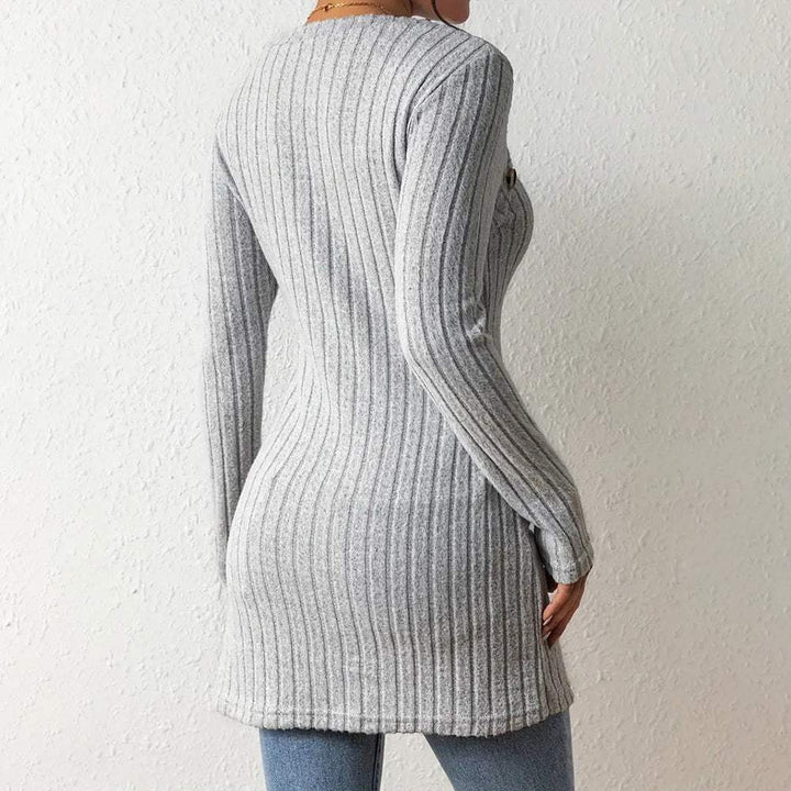 Elegant Women's Solid Color Slim - Fit Long Sleeve Top - Square Neck & Button Detail With Asymmetric Hem, Casual Fall&Spring Blouse - Glow Goddess