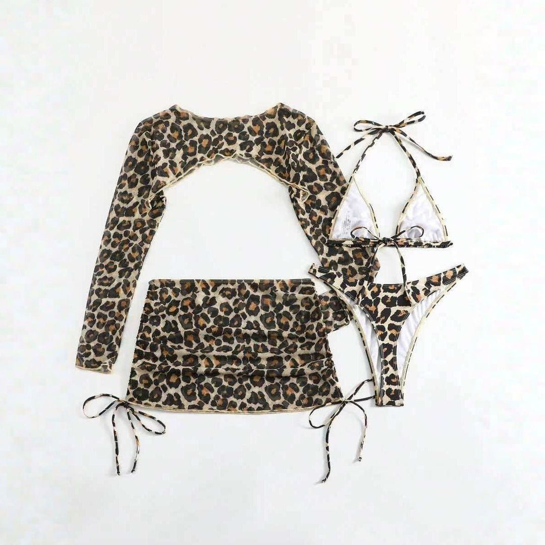 European And American Leopard - Print Lace - Up Sexy Two - Piece Four - Piece Swimsuit - Glow Goddess