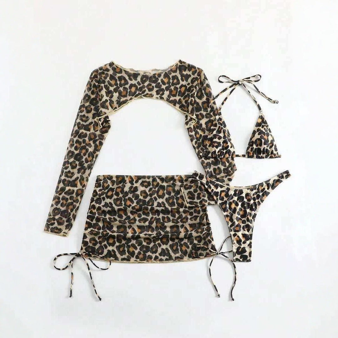 European And American Leopard - Print Lace - Up Sexy Two - Piece Four - Piece Swimsuit - Glow Goddess