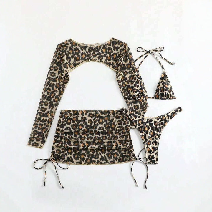 European And American Leopard - Print Lace - Up Sexy Two - Piece Four - Piece Swimsuit - Glow Goddess