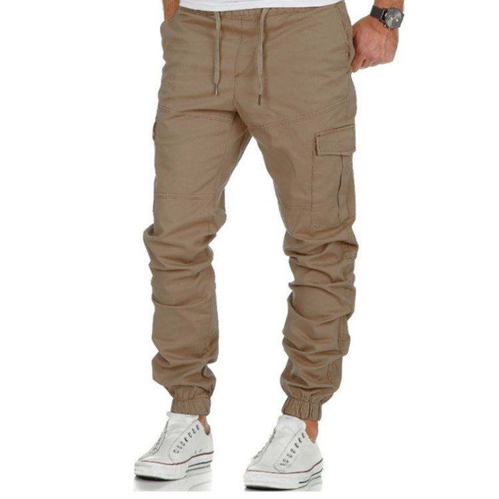Men’s multi-pocket casual pants with straight fit, cotton material, available in khaki, gray, green, black, and navy blue