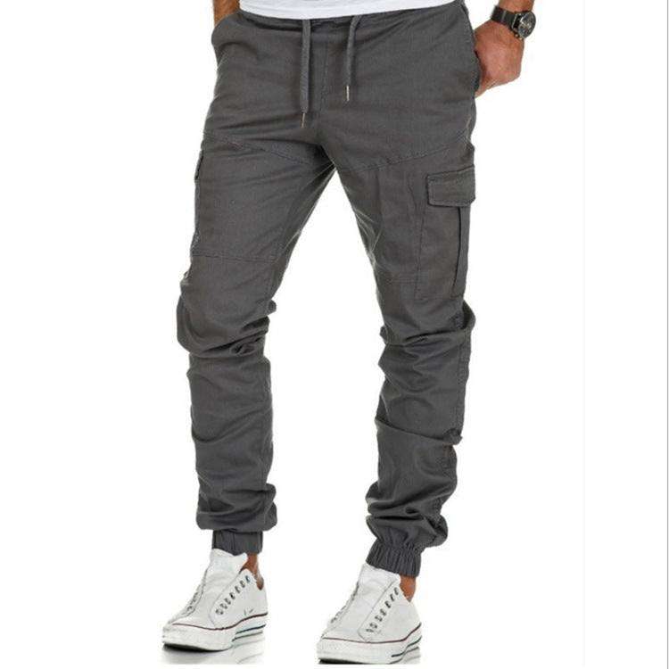 Men’s multi-pocket casual pants with straight fit, cotton material, available in khaki, gray, green, black, and navy blue