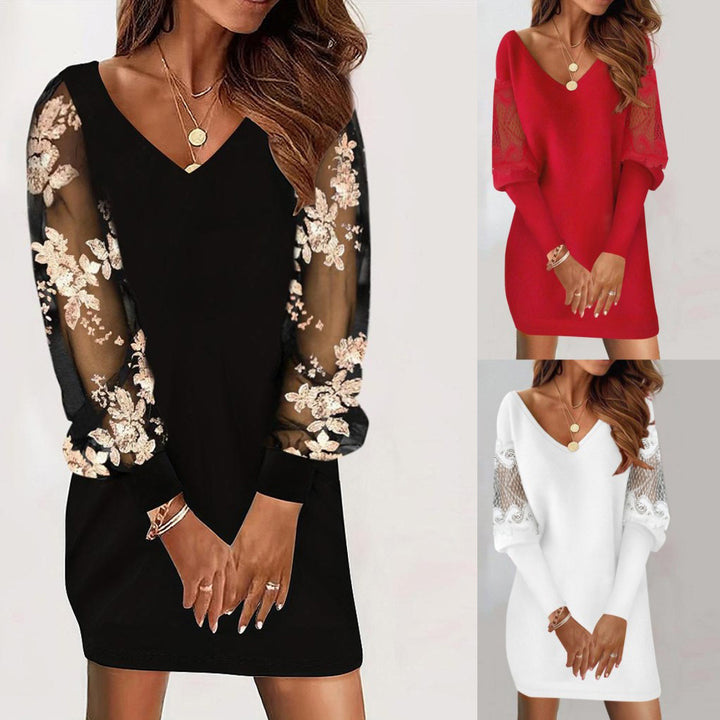 Women's V-neck Lace Splicing Dress - Long-Sleeved Spring and Autumn Style