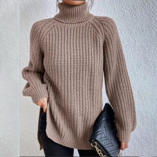 Turtleneck pullover sweater for women with split hem and thick mid-length knit