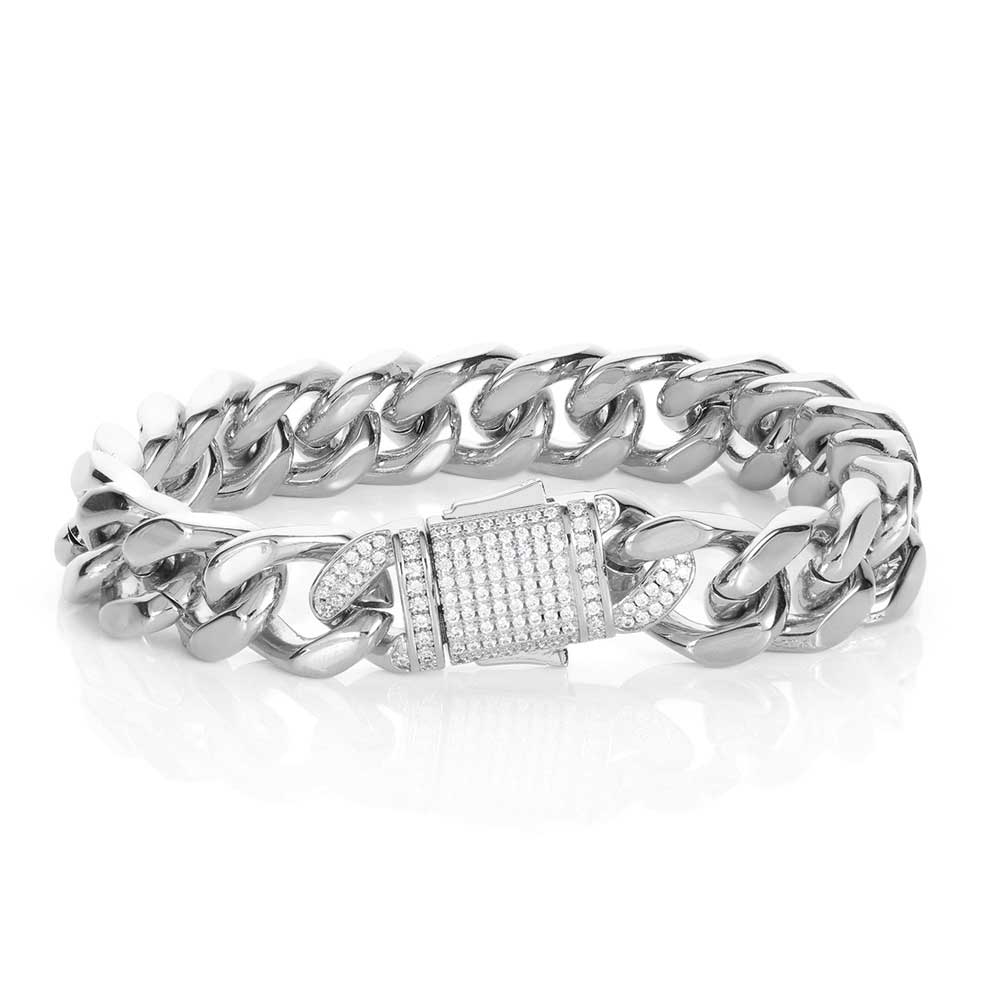 Stainless Steel Cuban Chain Hip Hop Bracelet Diamond Spring Buckle Four Sides Grinding
