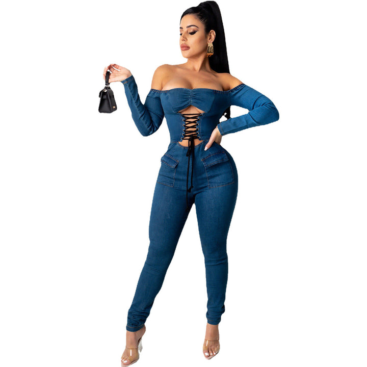 Women's One-piece Shoulder Strap Denim Jumpsuit
 
 Product information :
 
 
 Main fabric composition: cotton
 
 Waist type: middle waist
 
 Color: dark blue
 
 
 
 Size Information:
 
 
 Size: S,M,L,XL,XXL
 
 

