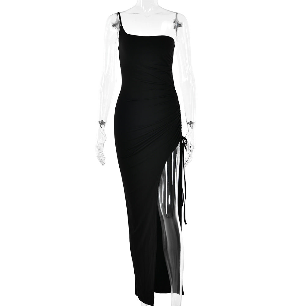 New One-Shoulder Strap Dress with Tight Fit and High Split