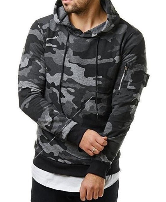 Men’s casual hooded pullover sweater in camouflage print with slim fit and long sleeves, polyester fabric for fall