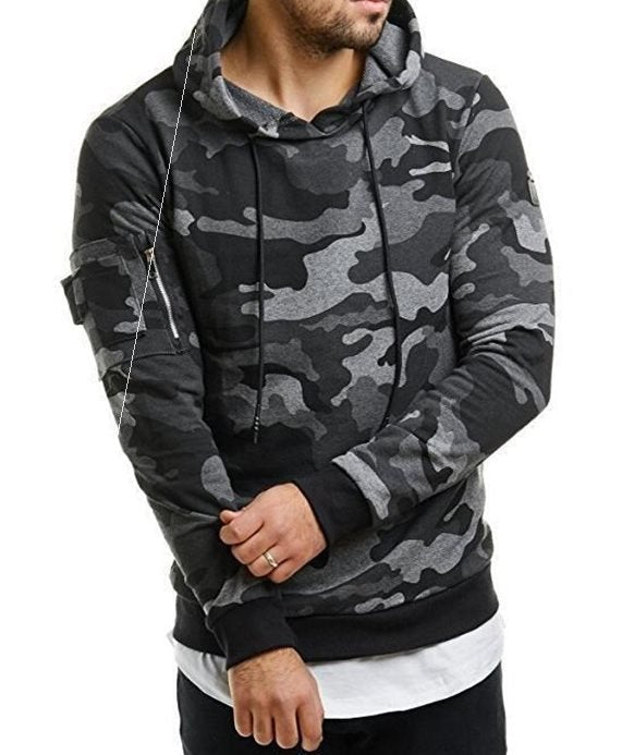 Men’s casual hooded pullover sweater in camouflage print with slim fit and long sleeves, polyester fabric for fall
