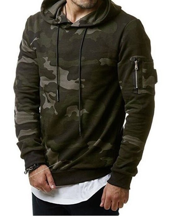 Men’s casual hooded pullover sweater in camouflage print with slim fit and long sleeves, polyester fabric for fall