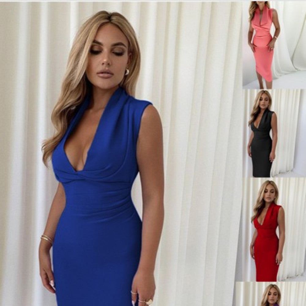 Deep V party dress for women in elegant midi hips skirt style for formal banquets and evening events