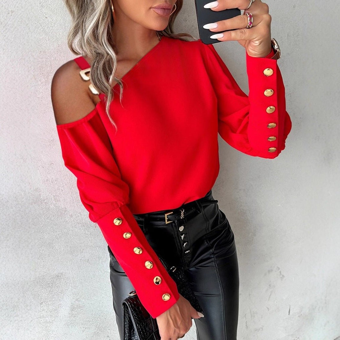 Fashion Lantern Sleeve Button Splicing Shirt Women Elegant Office Commuter O Neck Blouse Female Fall Spring Daily Casual Tops - Glow Goddess