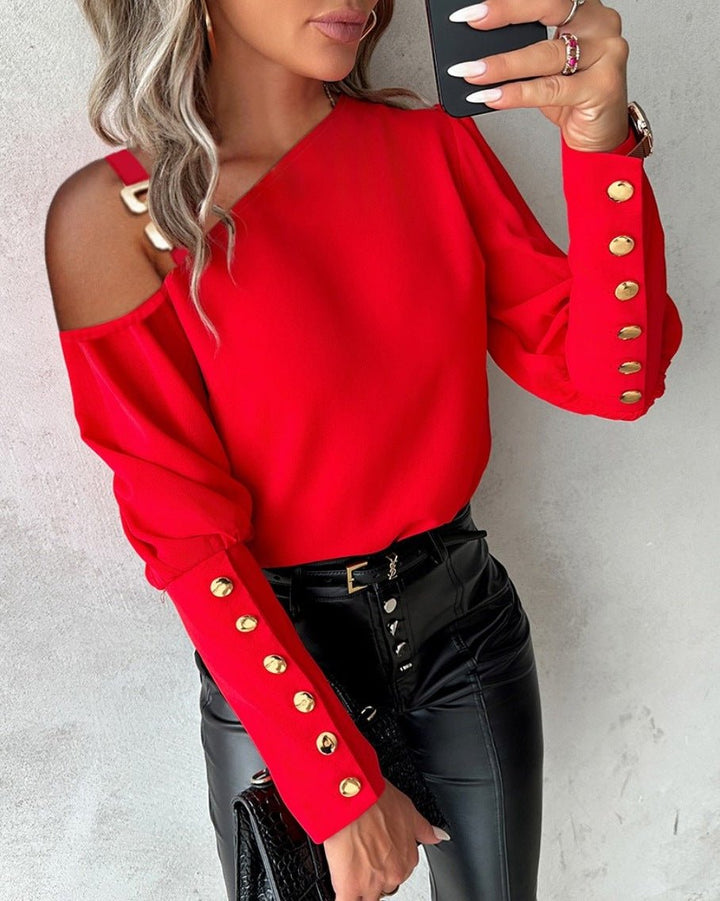 Fashion Lantern Sleeve Button Splicing Shirt Women Elegant Office Commuter O Neck Blouse Female Fall Spring Daily Casual Tops - Glow Goddess