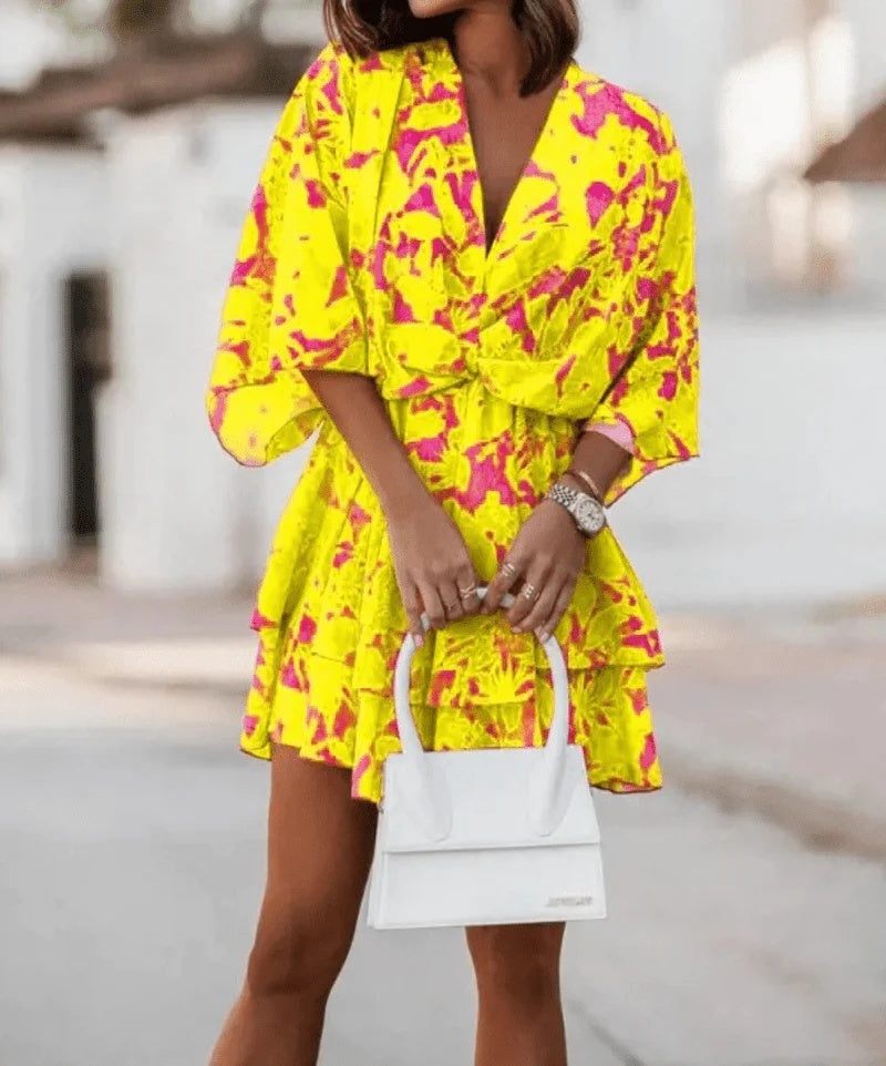 Fashion Print V - Neck Doll Sleeve Loose Cake Dress - Glow Goddess