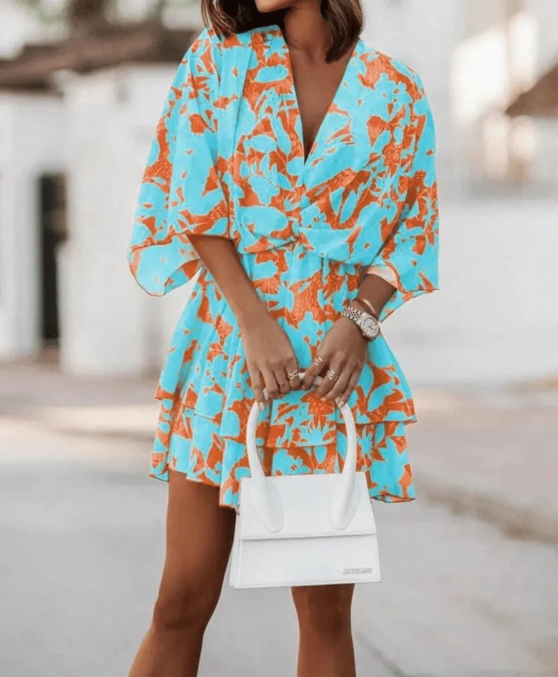 Fashion Print V - Neck Doll Sleeve Loose Cake Dress - Glow Goddess
