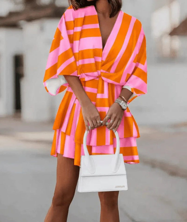 Fashion Print V - Neck Doll Sleeve Loose Cake Dress - Glow Goddess