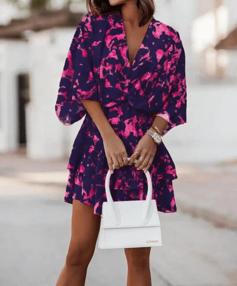Fashion Print V - Neck Doll Sleeve Loose Cake Dress - Glow Goddess