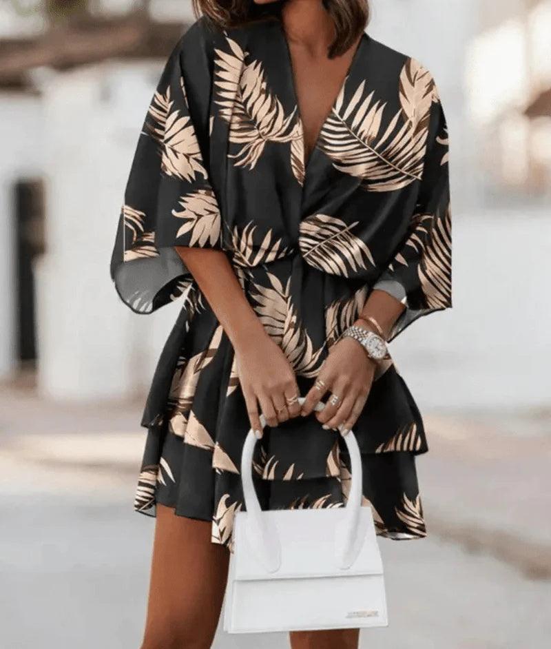 Fashion Print V - Neck Doll Sleeve Loose Cake Dress - Glow Goddess