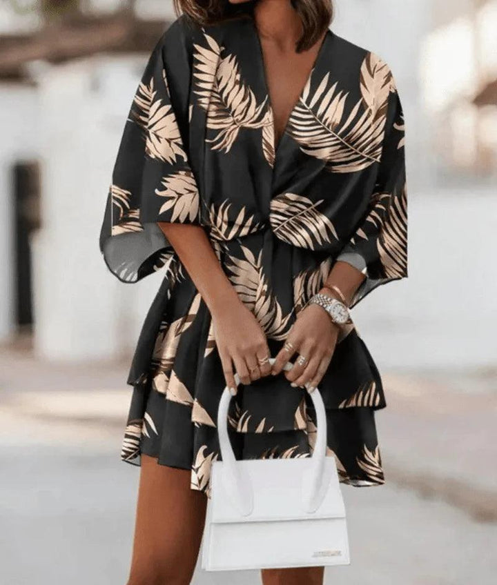Fashion Print V - Neck Doll Sleeve Loose Cake Dress - Glow Goddess