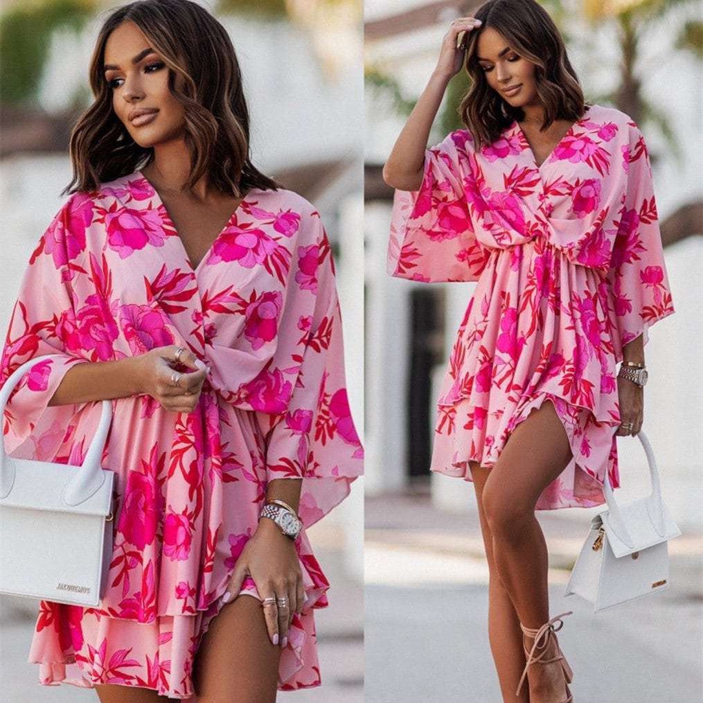 Fashion Print V - Neck Doll Sleeve Loose Cake Dress - Glow Goddess